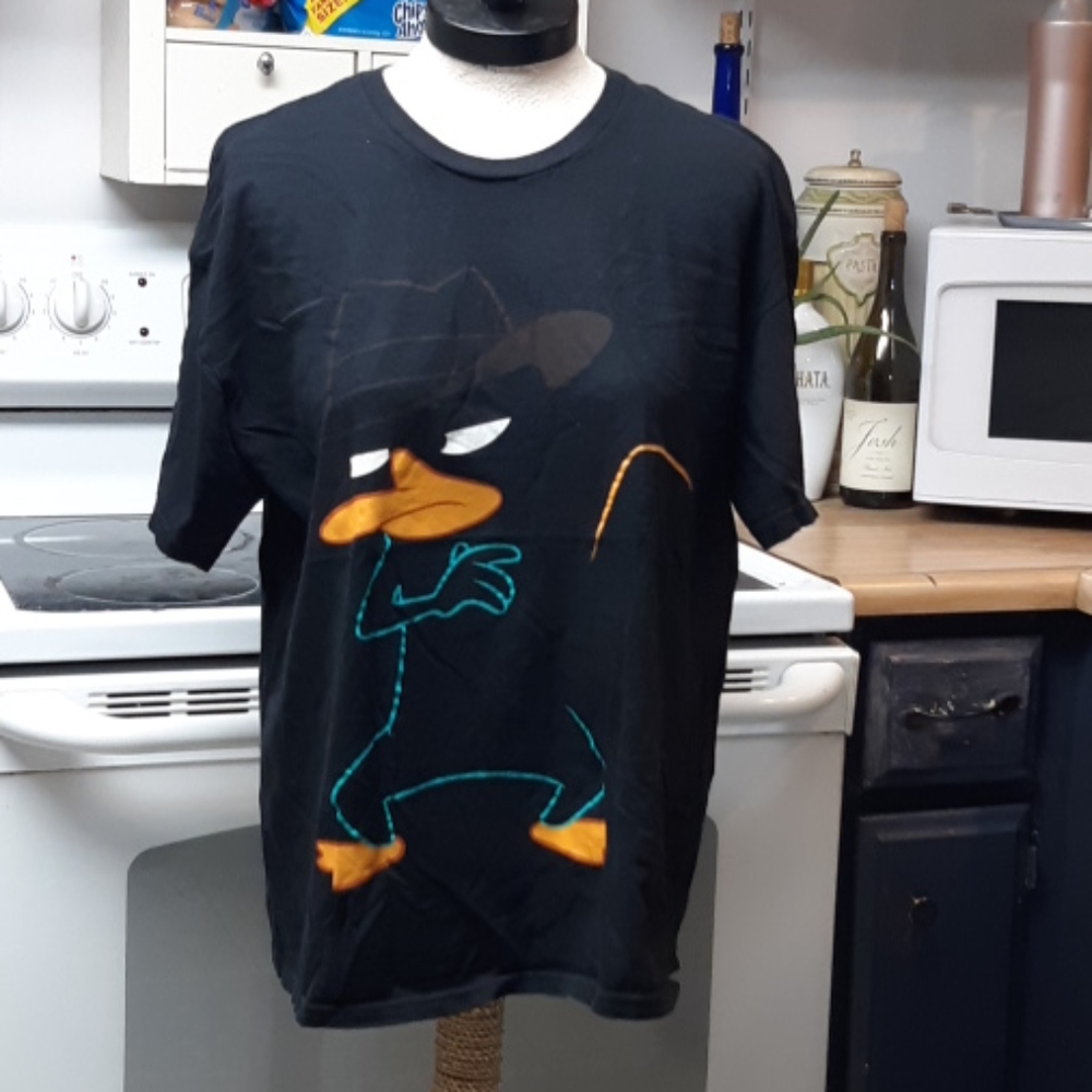 Womens Disney Phineas Ferb Crewneck T shirt Black Logo Cartoon Sz XL Platypus